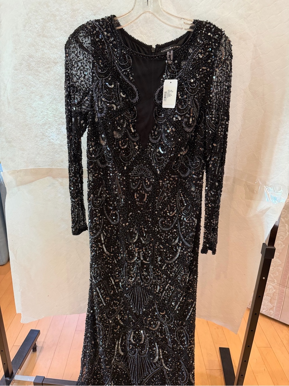 Aidan Mattox Black Long-Sleeve Beaded Evening Gown